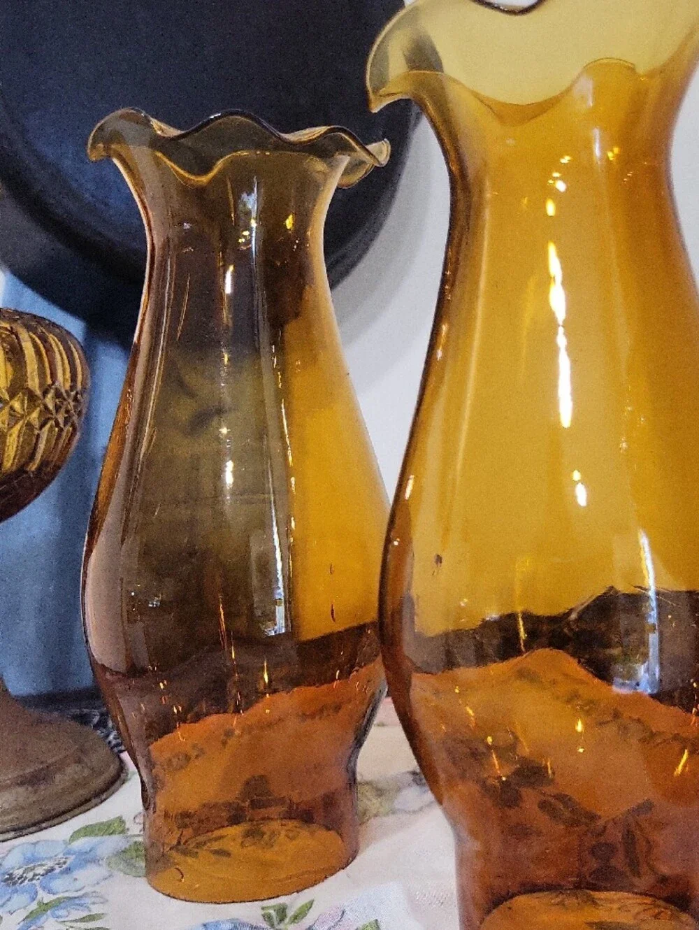 RARE FIND ** 1960's Amber Glass Hurricane Lamp Pair —